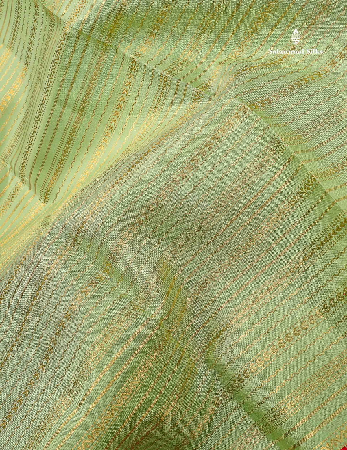 Korvai Pure Kanjivaram Silk Saree - Pista Green Colour Body With Contrast Chilly Red Traditional Border