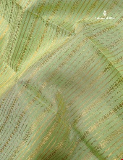 Korvai Pure Kanjivaram Silk Saree - Pista Green Colour Body With Contrast Chilly Red Traditional Border