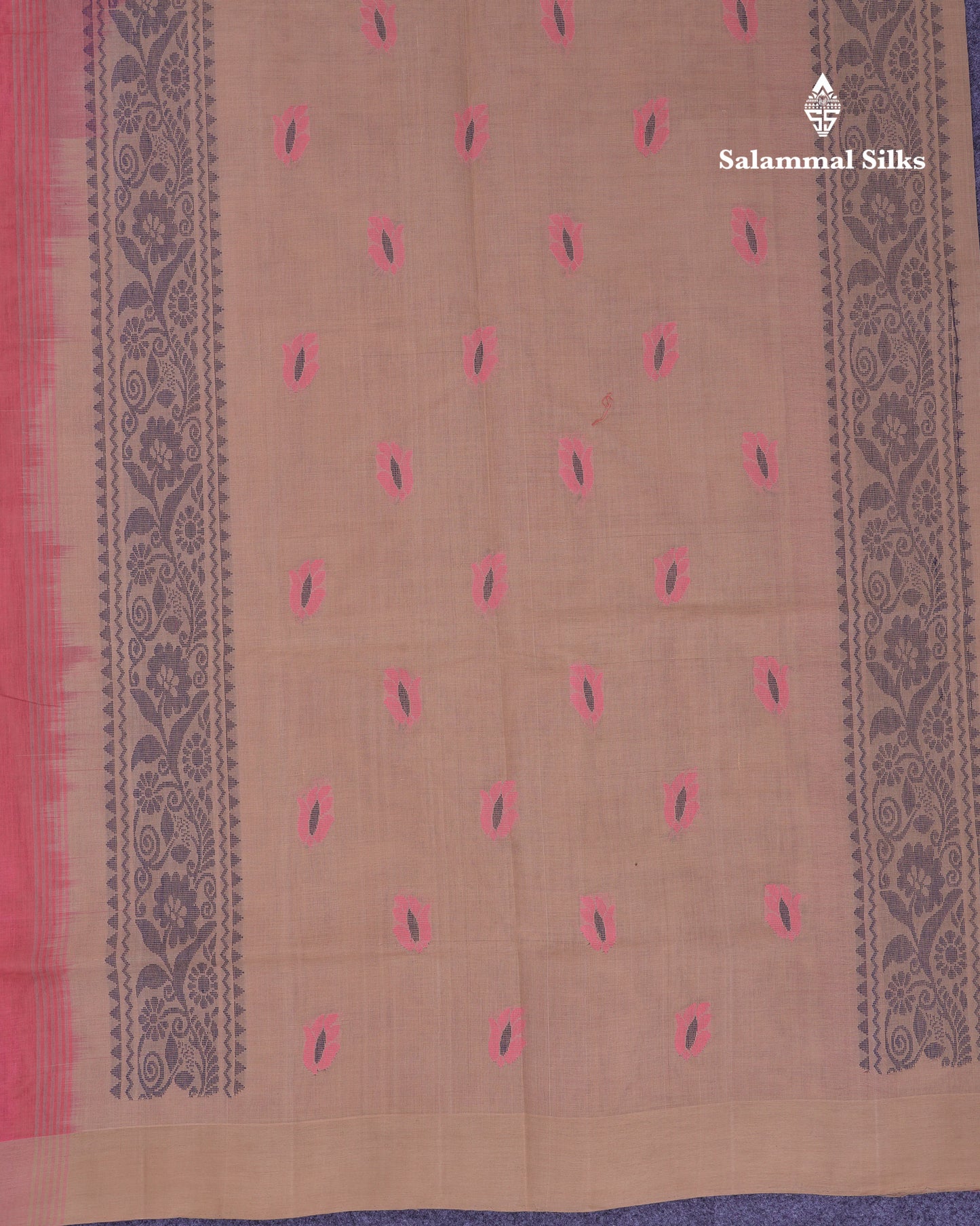 Beautiful Pink Thread Work Butta Handloom Pure Cotton Saree With Contrast Cream Sandal Blouse