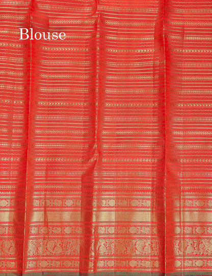 Korvai Pure Kanjivaram Silk Saree - Pista Green Colour Body With Contrast Chilly Red Traditional Border