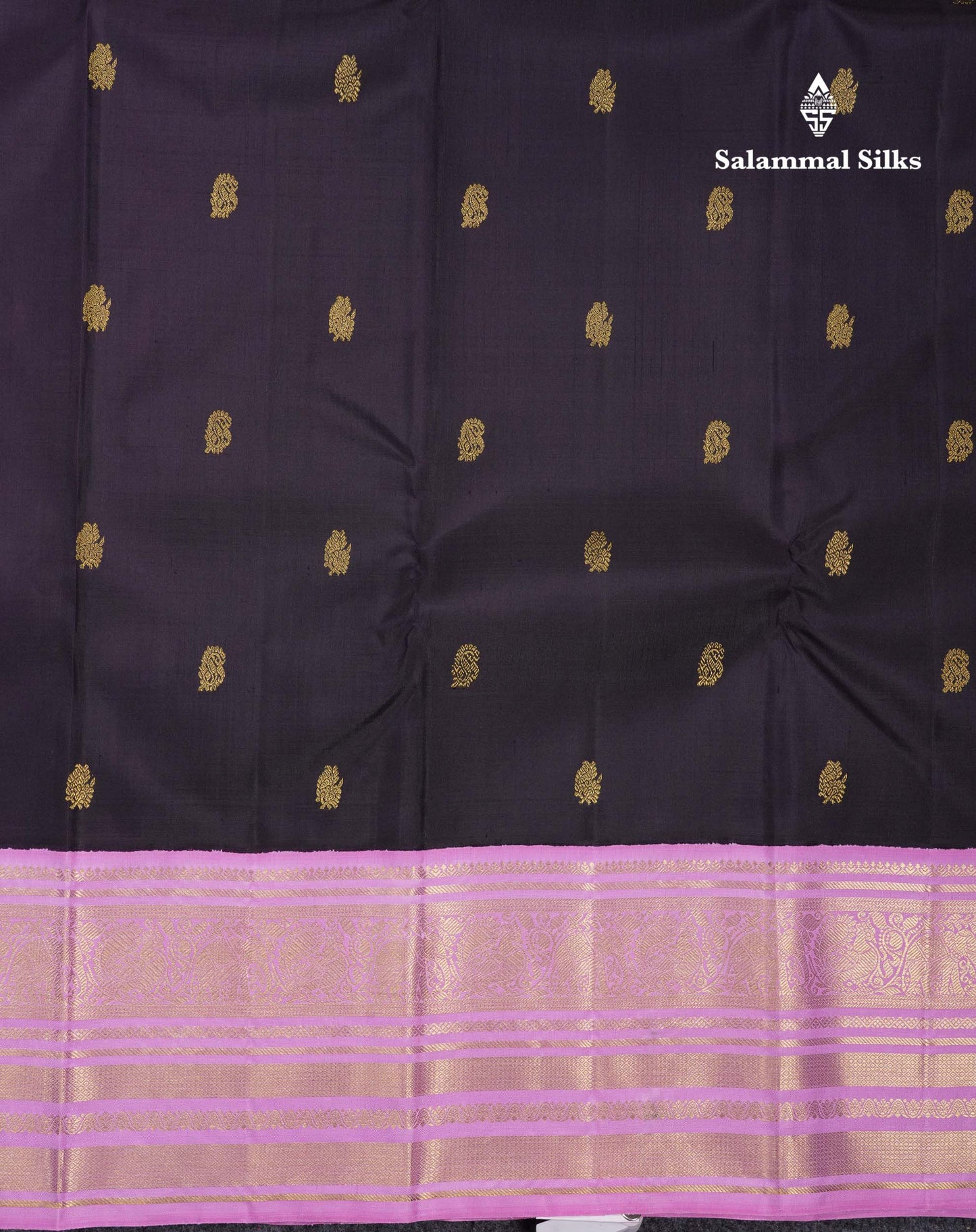 Korvai Beautiful Dark Kanchana Zari Butta Pure Kanjivaram Silk Saree With Contrast Light Pink Traditional Border