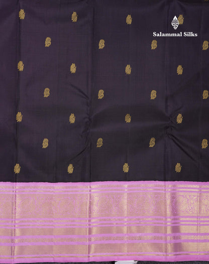 Korvai Beautiful Dark Kanchana Zari Butta Pure Kanjivaram Silk Saree With Contrast Light Pink Traditional Border