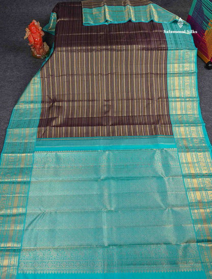 Korvai Pure Kanjivaram Silk Saree - Dark Brown Colour Body With Contrast Sapphire Blue Traditional Border