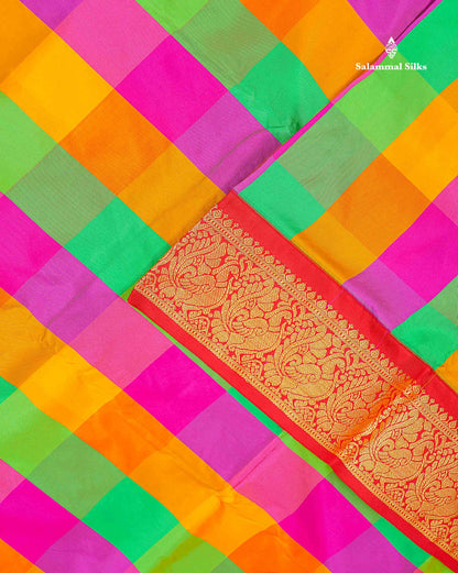 Semi Silk Saree - Paalum Pazham Checks Multicolour Colour Body With Contrast Maroon Border | 9 Yards