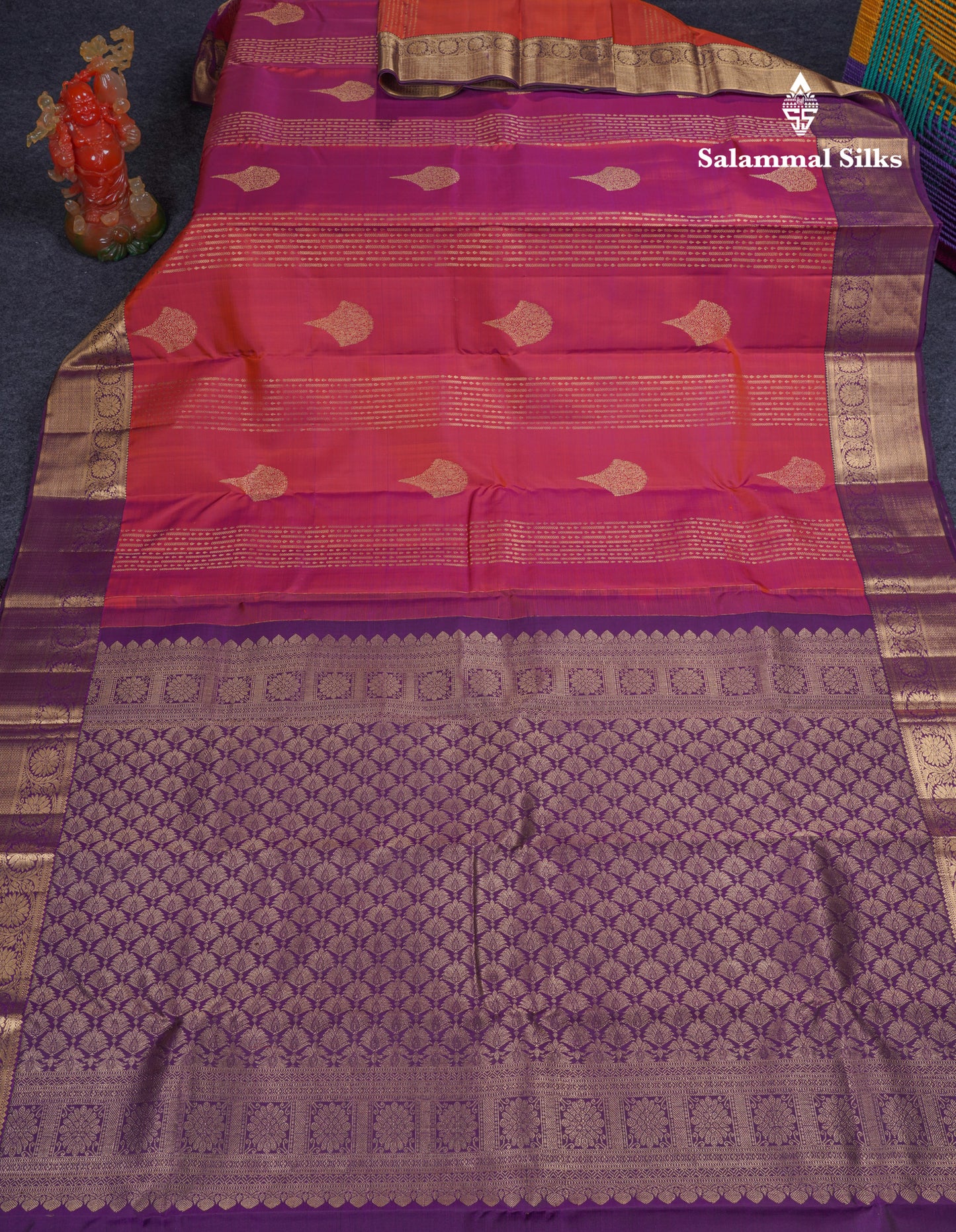 Beautiful Dual Tone Pinkish Orange Pure Kanjivaram Silk Saree With Contrast Dark Purple Border