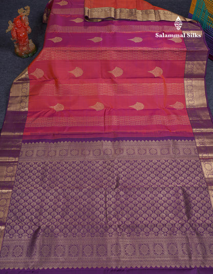 Beautiful Dual Tone Pinkish Orange Pure Kanjivaram Silk Saree With Contrast Dark Purple Border