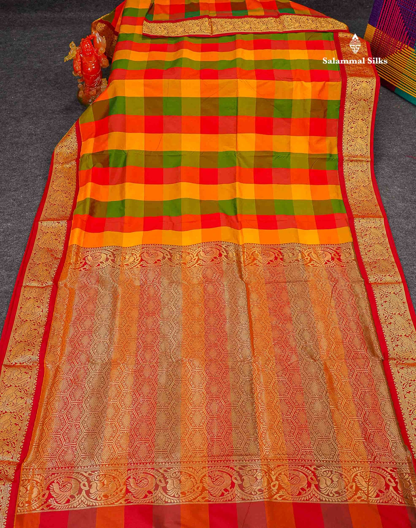 Semi Silk Saree - Paalum Pazham Checks Multicolour Colour Body With Contrast Maroon Border | 9 Yards