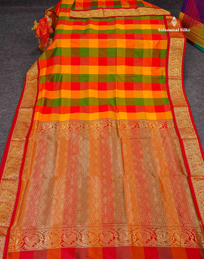 Semi Silk Saree - Paalum Pazham Checks Multicolour Colour Body With Contrast Maroon Border | 9 Yards