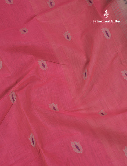 Beautiful Pink Thread Work Butta Handloom Pure Cotton Saree With Contrast Cream Sandal Blouse