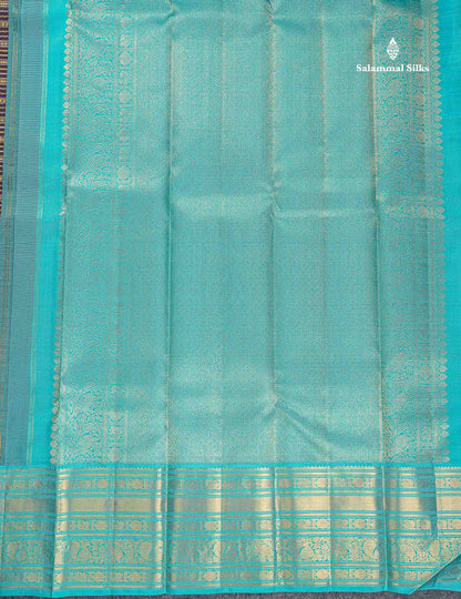 Korvai Pure Kanjivaram Silk Saree - Dark Brown Colour Body With Contrast Sapphire Blue Traditional Border
