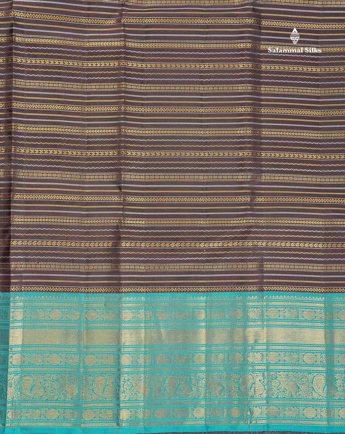 Korvai Pure Kanjivaram Silk Saree - Dark Brown Colour Body With Contrast Sapphire Blue Traditional Border