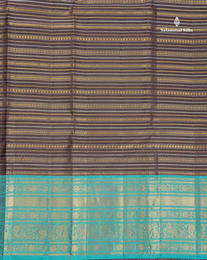 Korvai Pure Kanjivaram Silk Saree - Dark Brown Colour Body With Contrast Sapphire Blue Traditional Border