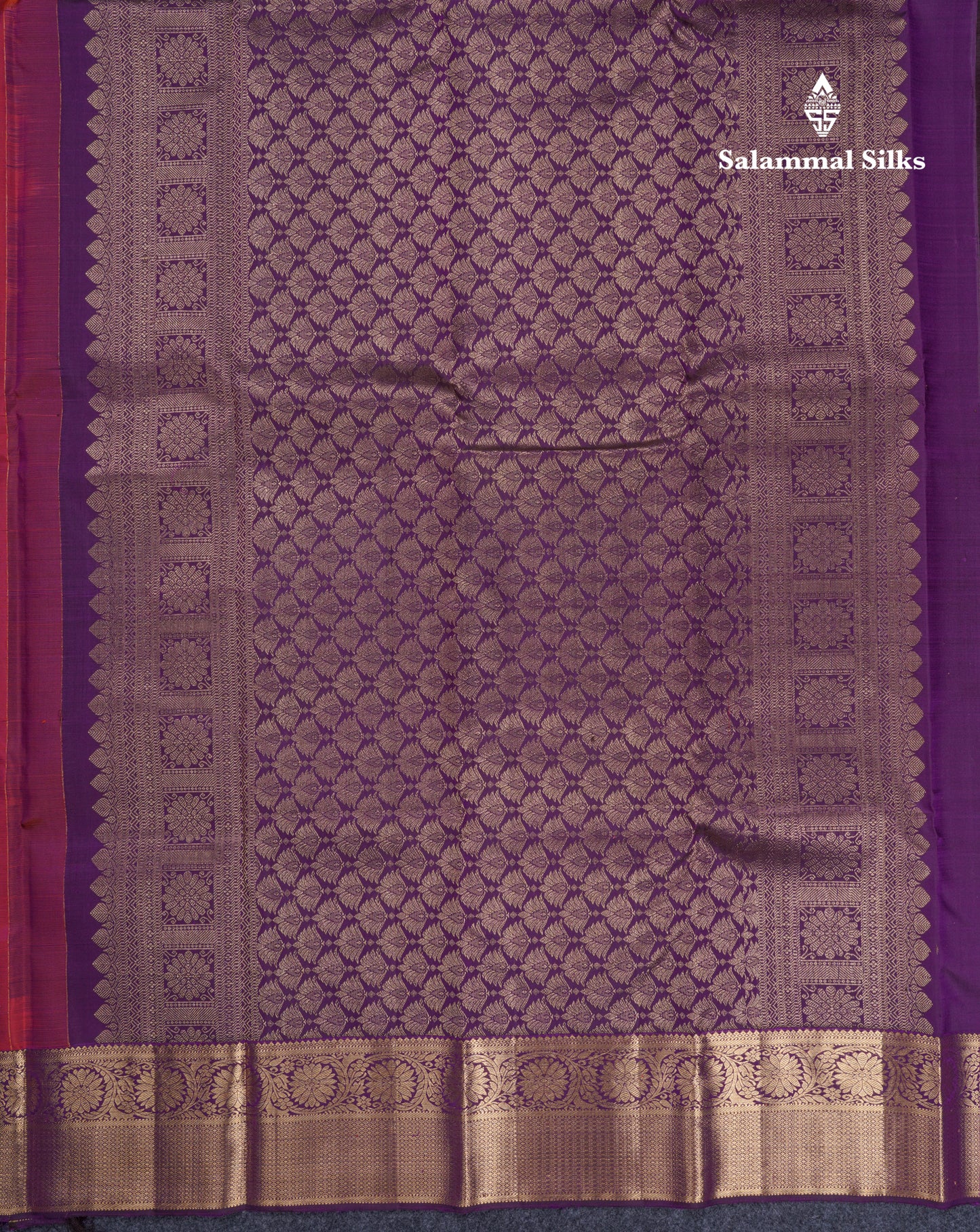 Beautiful Dual Tone Pinkish Orange Pure Kanjivaram Silk Saree With Contrast Dark Purple Border