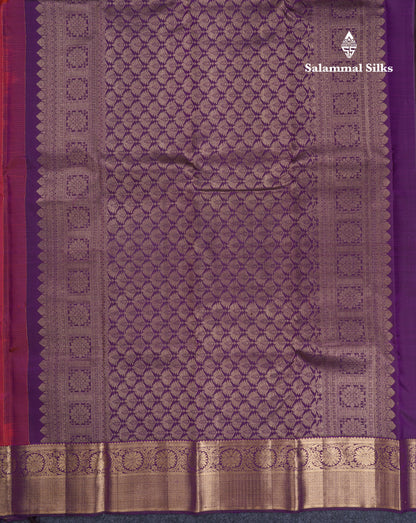 Beautiful Dual Tone Pinkish Orange Pure Kanjivaram Silk Saree With Contrast Dark Purple Border