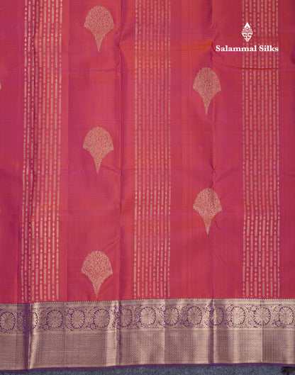 Beautiful Dual Tone Pinkish Orange Pure Kanjivaram Silk Saree With Contrast Dark Purple Border