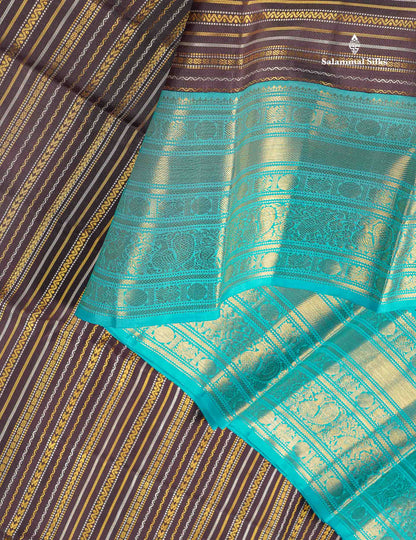 Korvai Pure Kanjivaram Silk Saree - Dark Brown Colour Body With Contrast Sapphire Blue Traditional Border