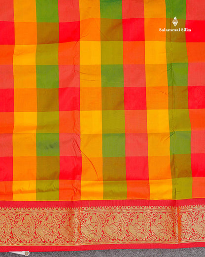 Semi Silk Saree - Paalum Pazham Checks Multicolour Colour Body With Contrast Maroon Border | 9 Yards