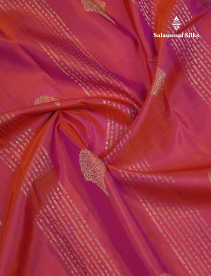 Beautiful Dual Tone Pinkish Orange Pure Kanjivaram Silk Saree With Contrast Dark Purple Border