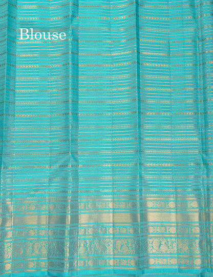 Korvai Pure Kanjivaram Silk Saree - Dark Brown Colour Body With Contrast Sapphire Blue Traditional Border