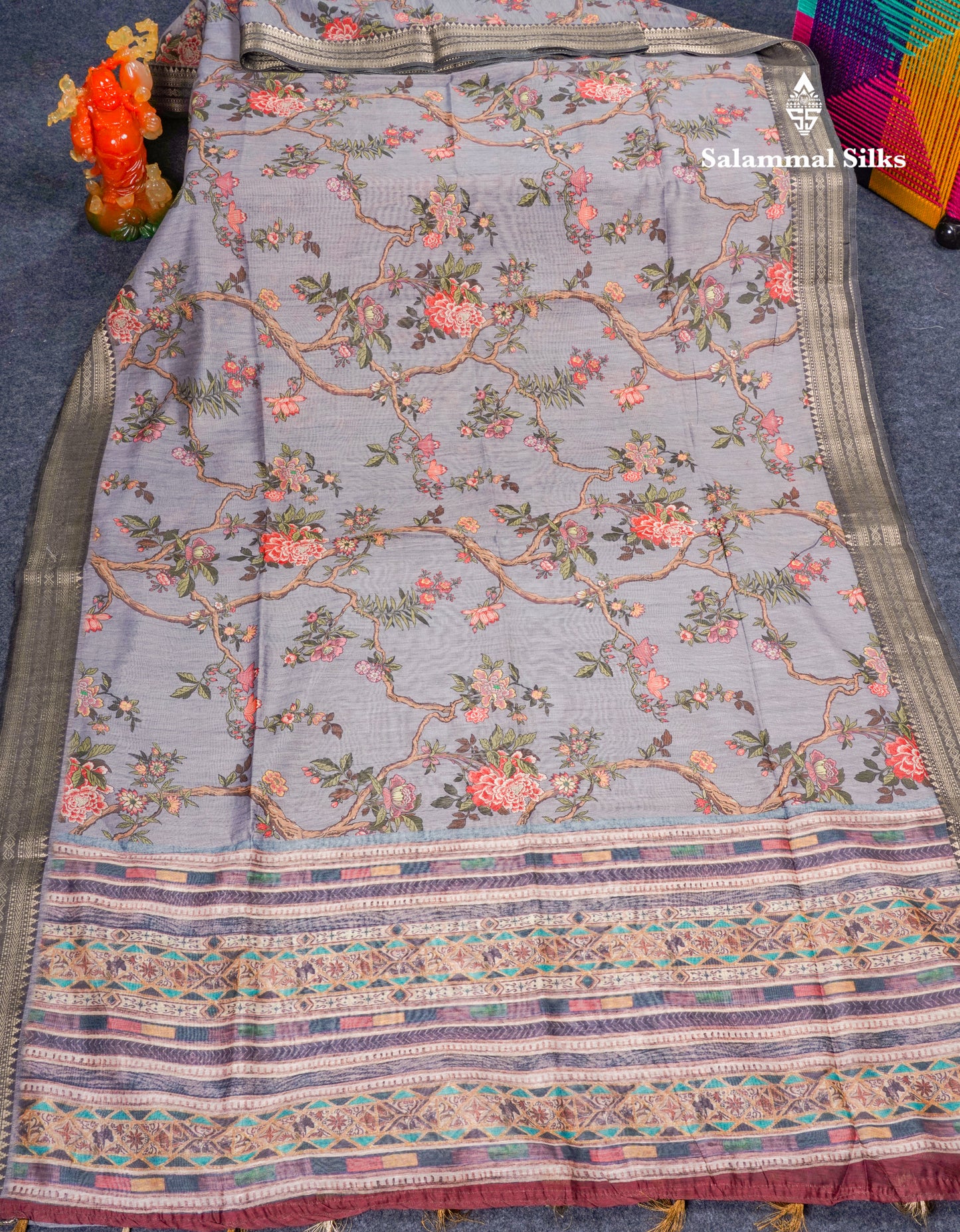 Grey Chanderi Mixed Cotton Saree With Contrast Black Banarasi Border