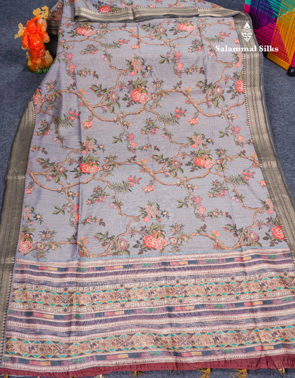 Grey Chanderi Mixed Cotton Saree With Contrast Black Banarasi Border
