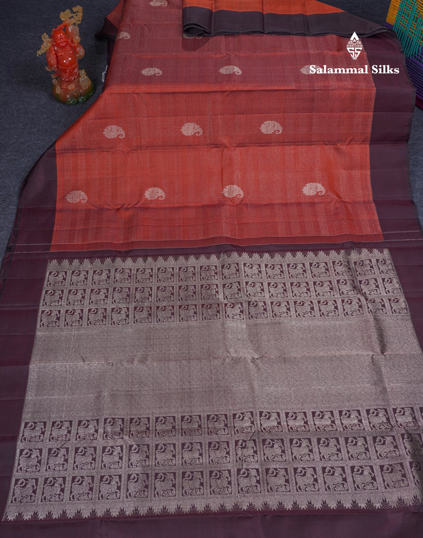 Beautiful Rust Orange Pure Kanjivaram Silk Saree With Contrast Dark Brown Plain Border