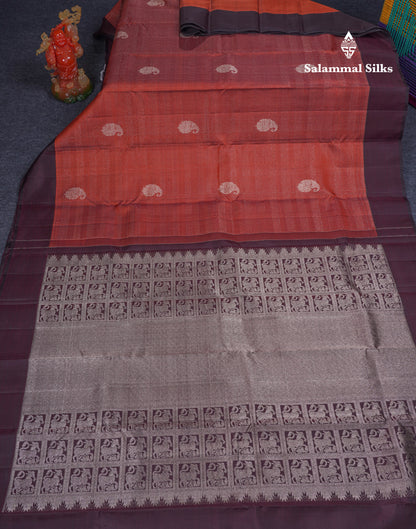 Beautiful Rust Orange Pure Kanjivaram Silk Saree With Contrast Dark Brown Plain Border