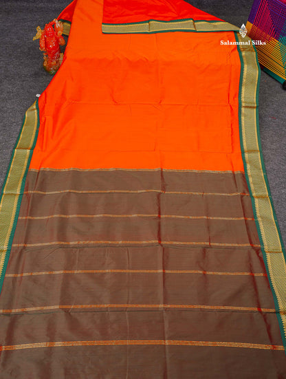 Semi Silk Saree - Orange Colour Body Plain With Contrast Bottle Green Border | 9 Yards