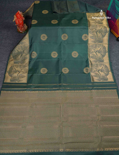 Pure Kanjivaram Silk Saree - Bottle Green Colour Body With Traditional Dancer Border