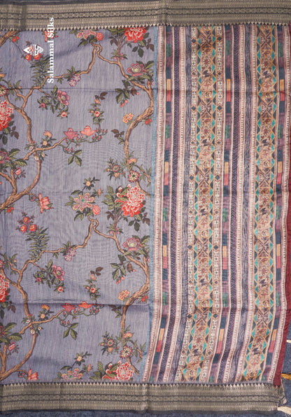 Grey Chanderi Mixed Cotton Saree With Contrast Black Banarasi Border