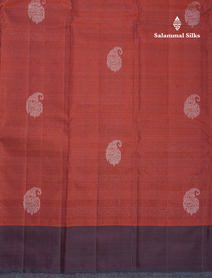 Beautiful Rust Orange Pure Kanjivaram Silk Saree With Contrast Dark Brown Plain Border