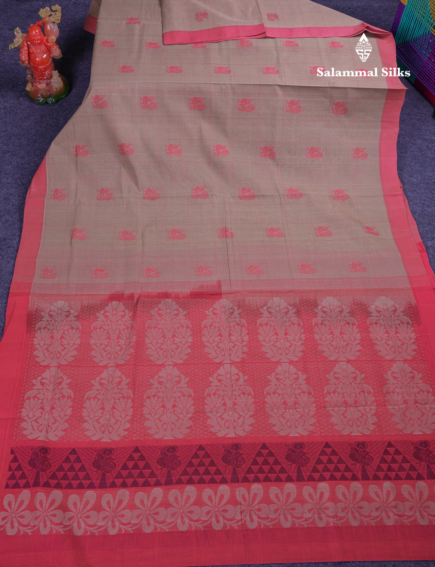 Beautiful Sandal Checks With Thread Work Butta Handloom Pure Cotton Saree With Contrast Pink Blouse
