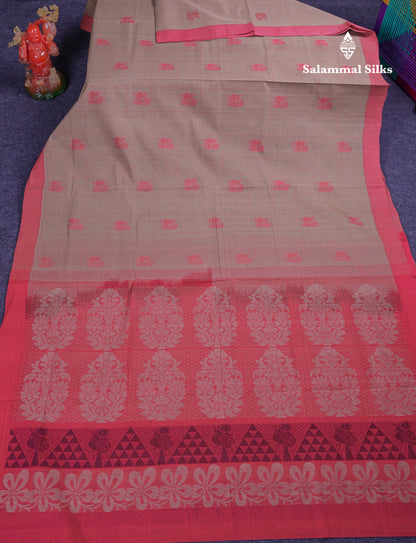 Beautiful Sandal Checks With Thread Work Butta Handloom Pure Cotton Saree With Contrast Pink Blouse