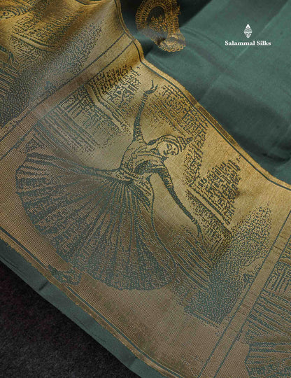 Pure Kanjivaram Silk Saree - Bottle Green Colour Body With Traditional Dancer Border