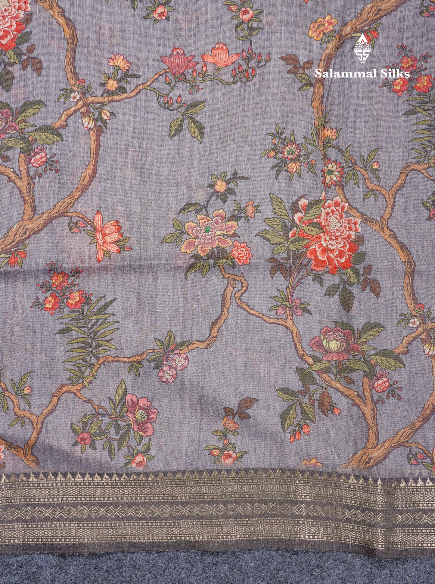 Grey Chanderi Mixed Cotton Saree With Contrast Black Banarasi Border