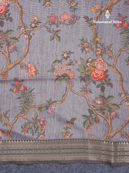 Grey Chanderi Mixed Cotton Saree With Contrast Black Banarasi Border