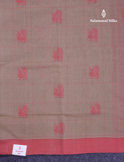 Beautiful Sandal Checks With Thread Work Butta Handloom Pure Cotton Saree With Contrast Pink Blouse