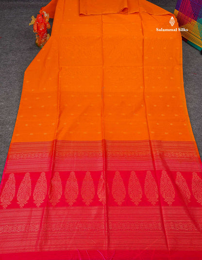 SICO Cotton Saree - Mango Yellow Colour Body Small Zari Butta With Contrast Redish Pink Blouse