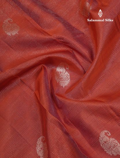 Beautiful Rust Orange Pure Kanjivaram Silk Saree With Contrast Dark Brown Plain Border