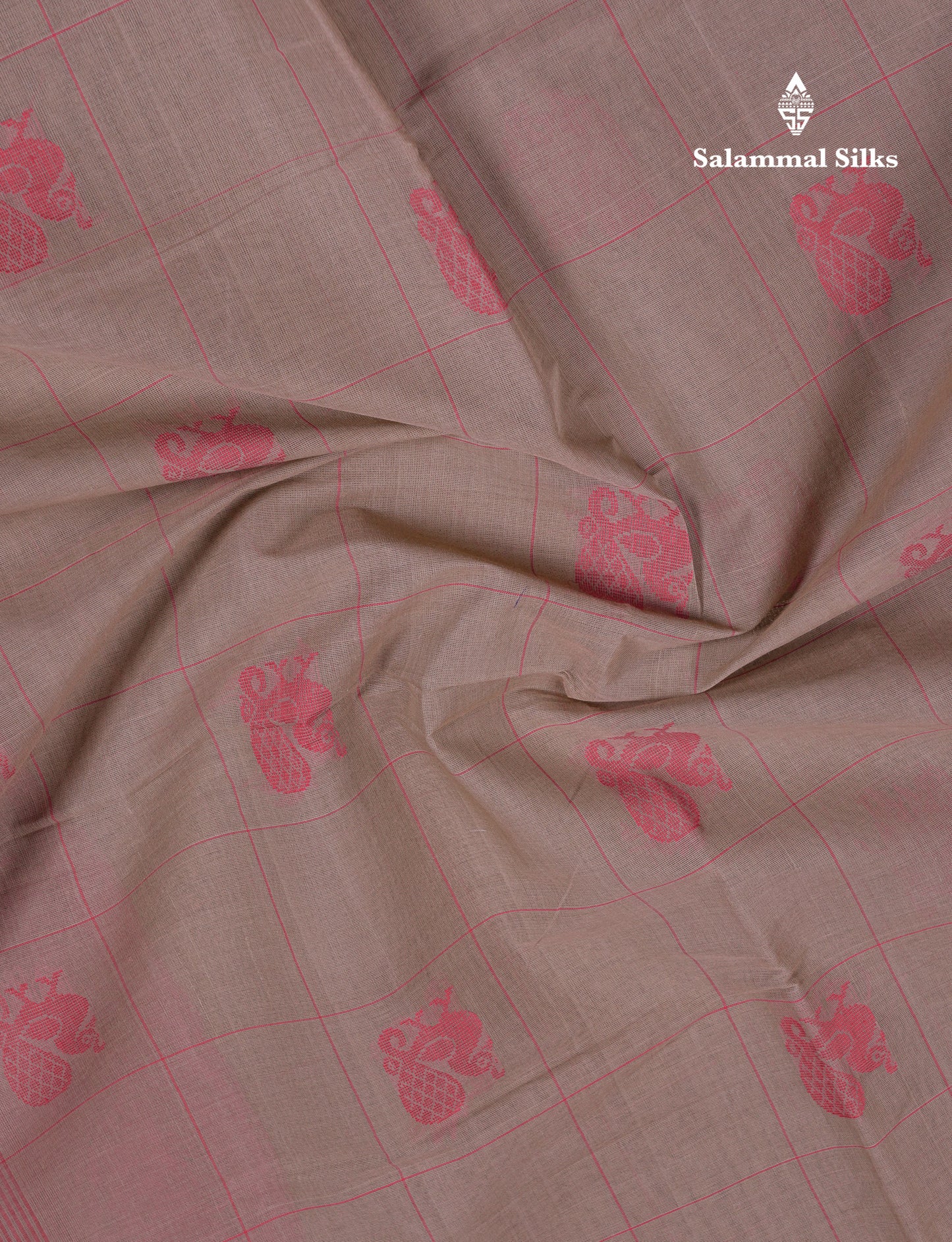 Beautiful Sandal Checks With Thread Work Butta Handloom Pure Cotton Saree With Contrast Pink Blouse