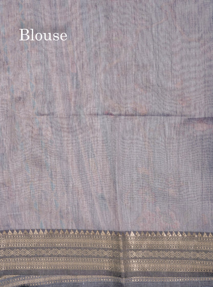 Grey Chanderi Mixed Cotton Saree With Contrast Black Banarasi Border