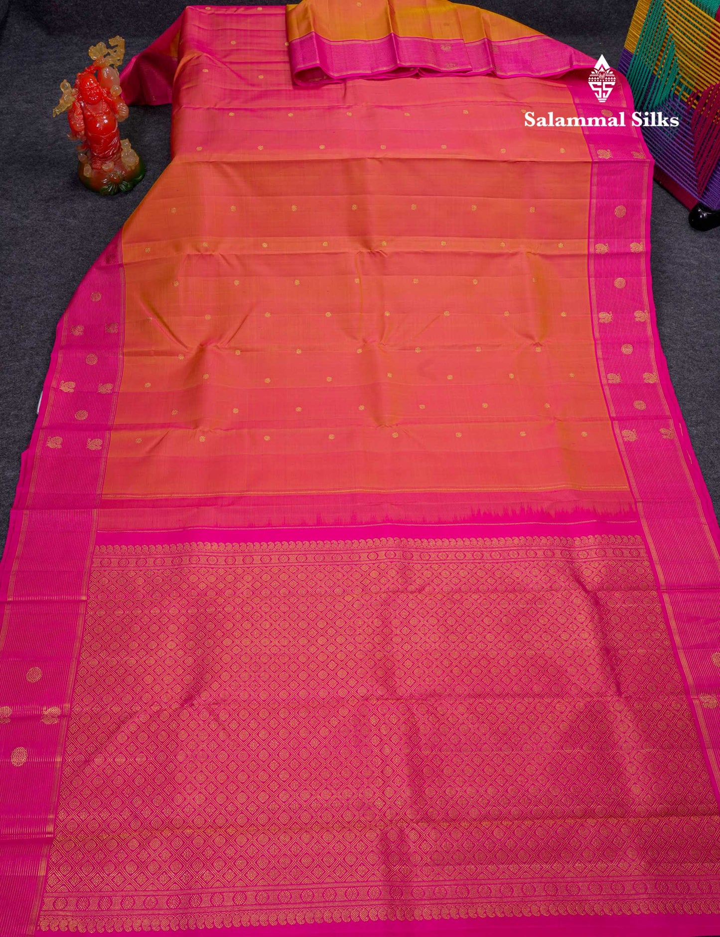 Beautiful Dual Tone Orange Zari Butta Pure Kanjivaram Silk Saree With Contrast Magenta Pink Vaira Oosi Lines With Butta Traditional Border