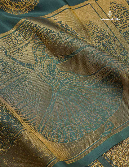 Pure Kanjivaram Silk Saree - Bottle Green Colour Body With Traditional Dancer Border
