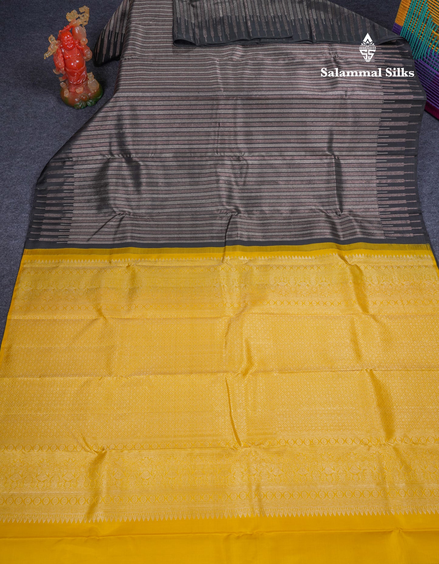 Beautiful Black Fancy Pure Kanjivaram Silk Saree With Contrast Yellow Blouse