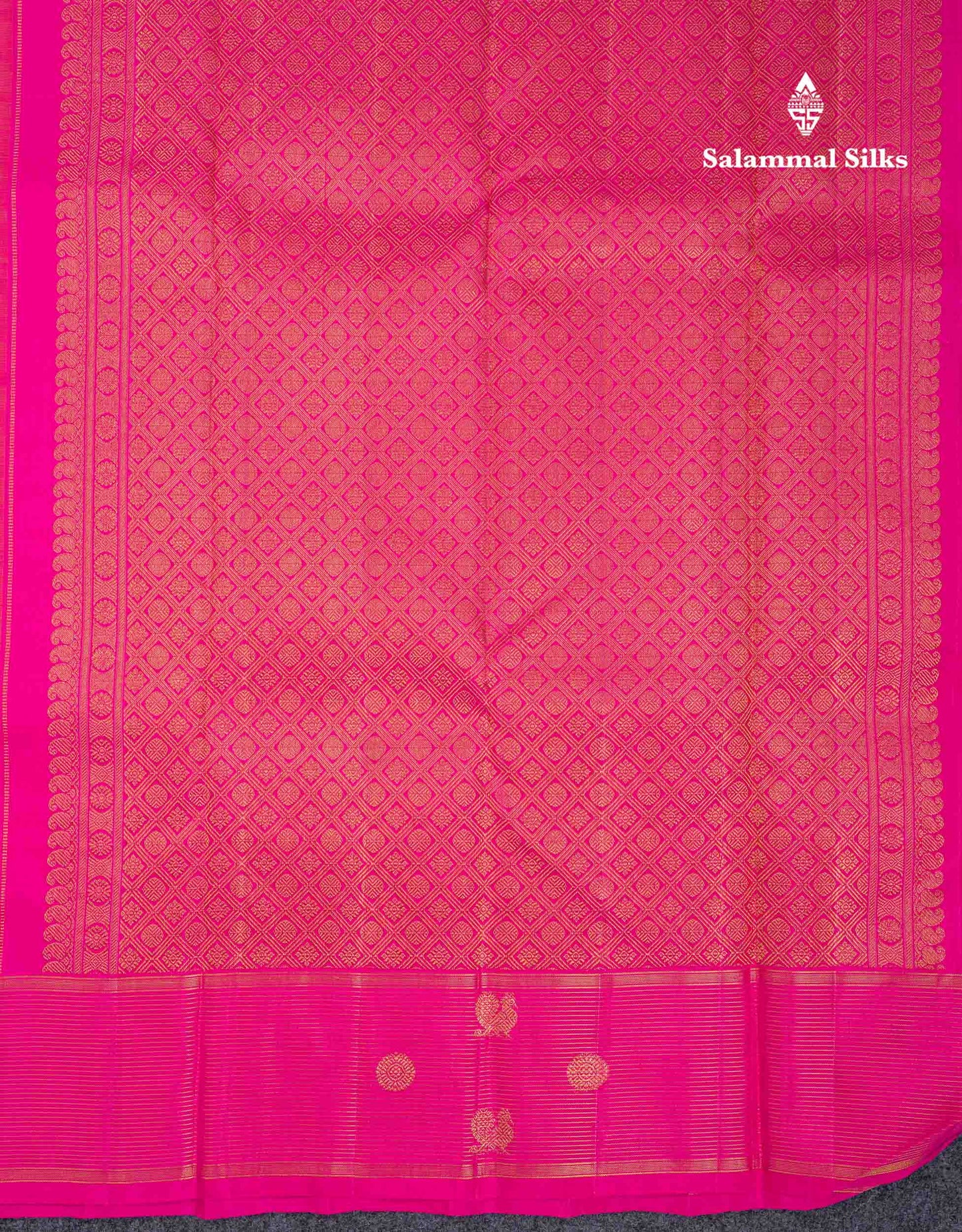 Beautiful Dual Tone Orange Zari Butta Pure Kanjivaram Silk Saree With Contrast Magenta Pink Vaira Oosi Lines With Butta Traditional Border