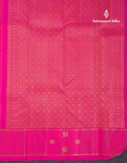Beautiful Dual Tone Orange Zari Butta Pure Kanjivaram Silk Saree With Contrast Magenta Pink Vaira Oosi Lines With Butta Traditional Border