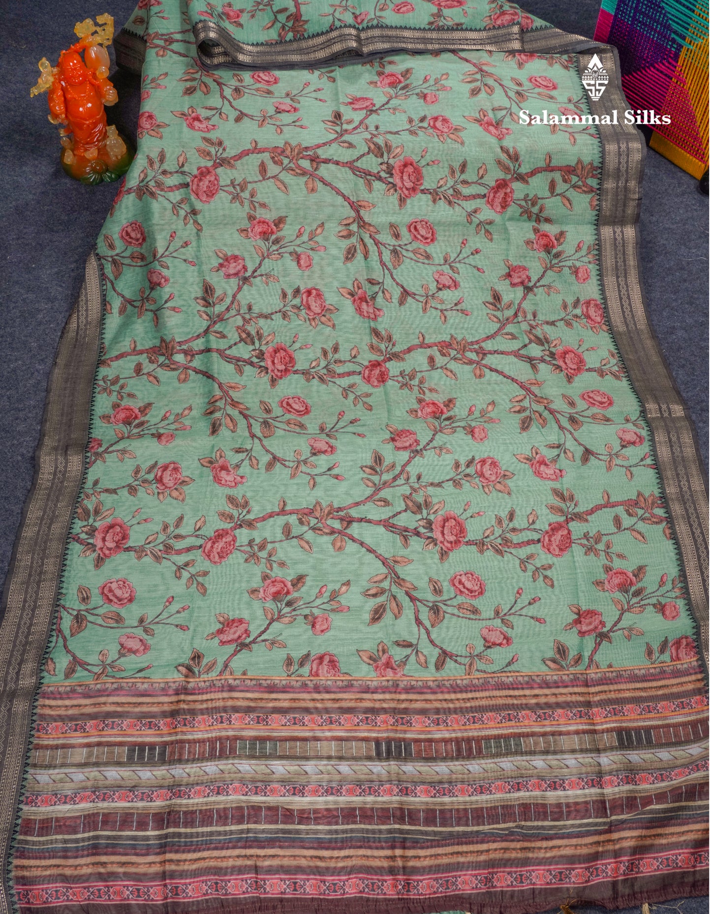 Grey Chanderi Mixed Cotton Saree With Contrast Black Banarasi Border