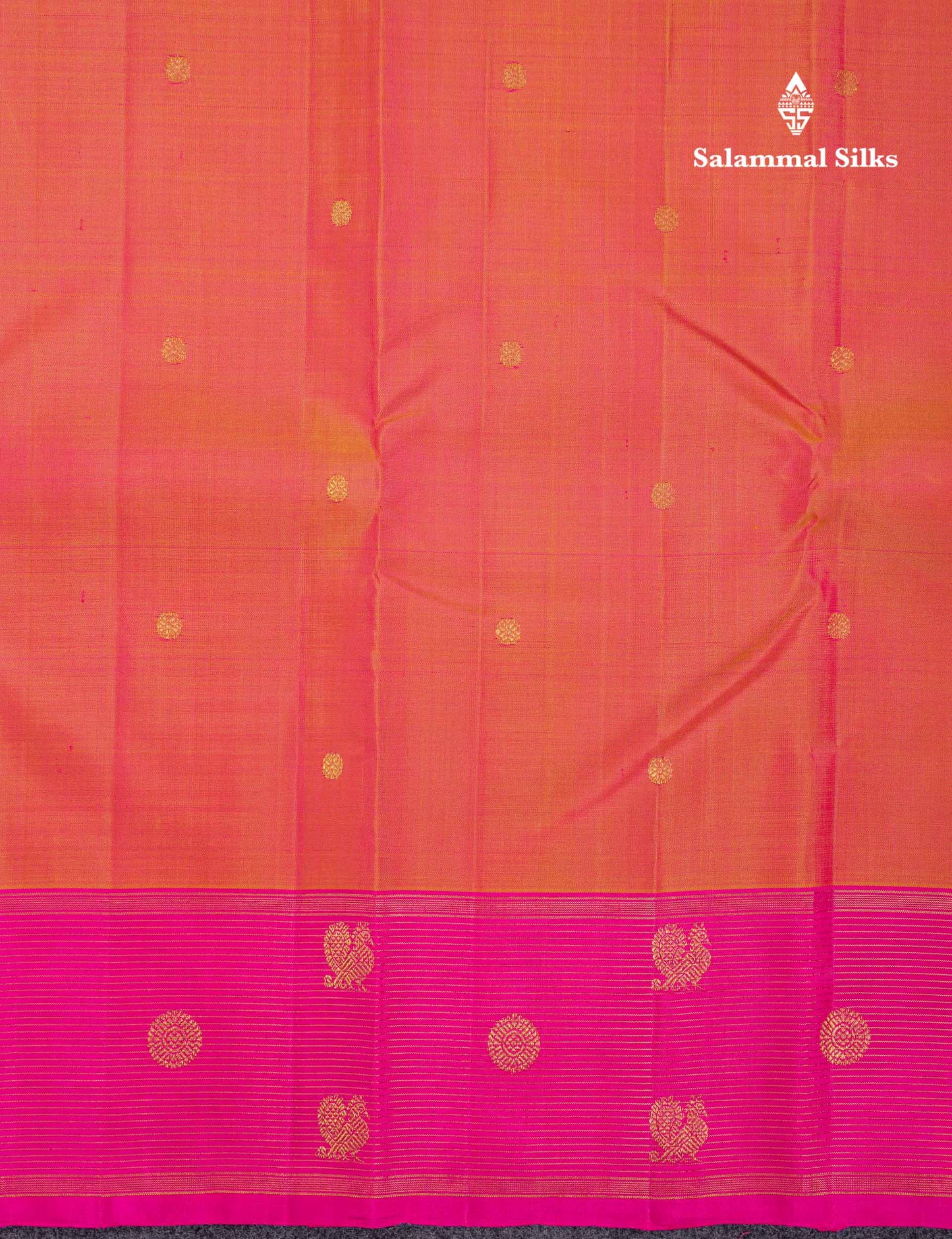 Beautiful Dual Tone Orange Zari Butta Pure Kanjivaram Silk Saree With Contrast Magenta Pink Vaira Oosi Lines With Butta Traditional Border