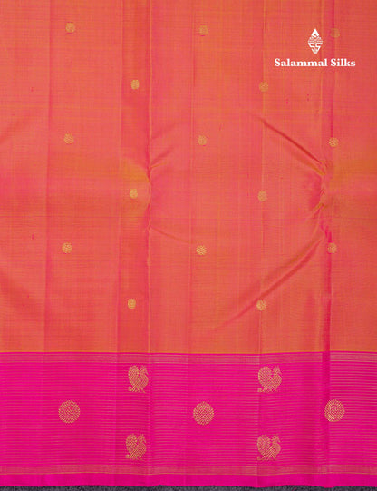 Beautiful Dual Tone Orange Zari Butta Pure Kanjivaram Silk Saree With Contrast Magenta Pink Vaira Oosi Lines With Butta Traditional Border