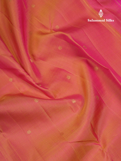 Beautiful Dual Tone Orange Zari Butta Pure Kanjivaram Silk Saree With Contrast Magenta Pink Vaira Oosi Lines With Butta Traditional Border